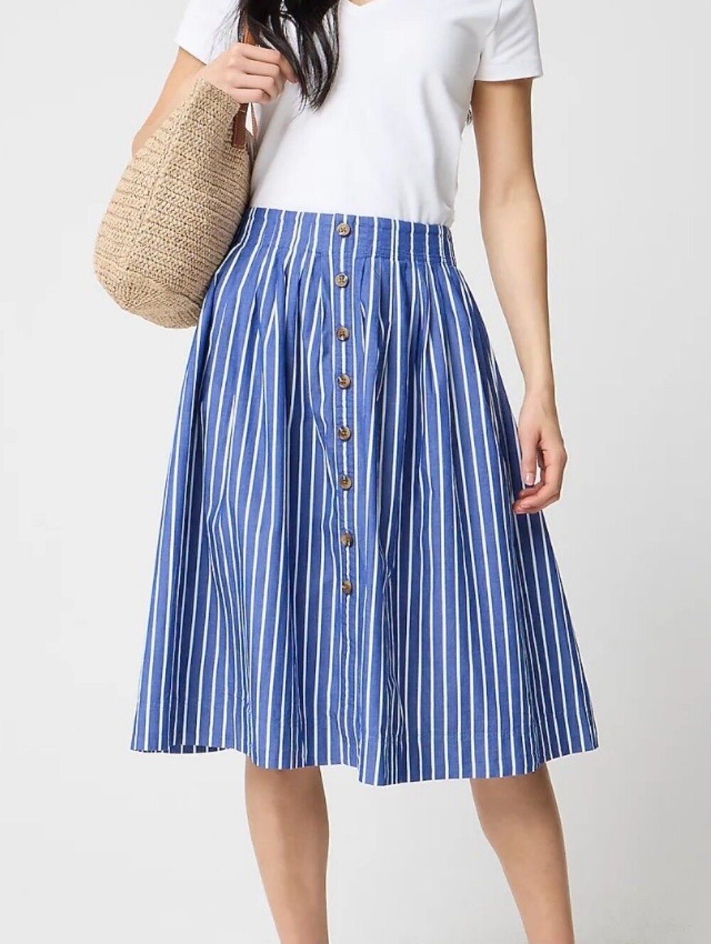 NWT J. Crew Blue and White Striped Pleated Button-Front Midi Skirt